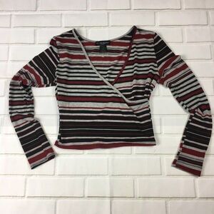 Cute Black Stripe Surplice Crop Long Sleeve Top womens jrs XL V Neck